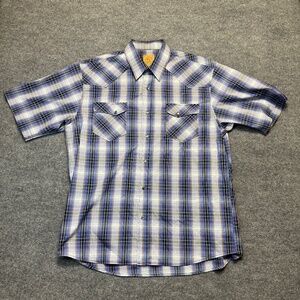 GC Blue Western Shirt Mens XL Multi Color Plaid Short Sleeve Pearl Snap